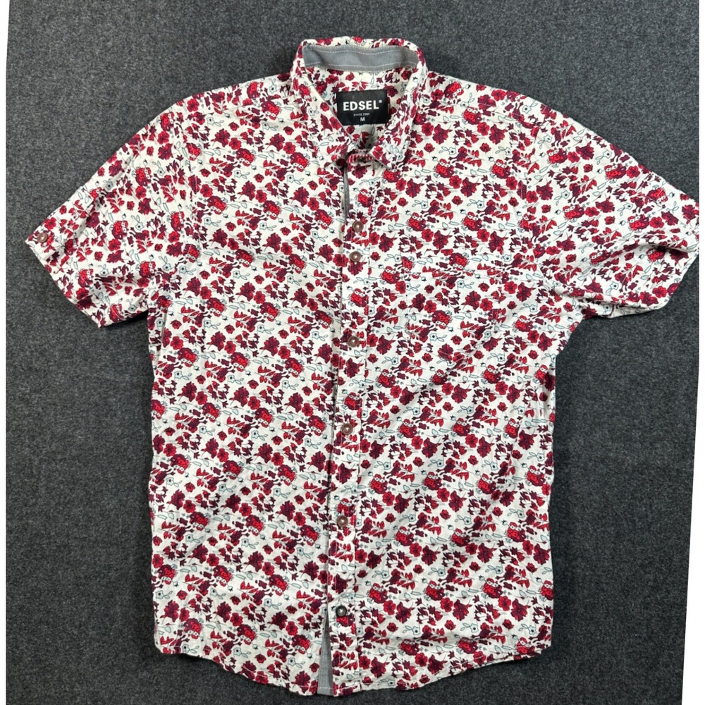 Edsel Mens Short Sleeve Button Down Shirt Red Floral Print Size M